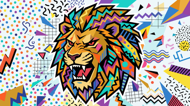 Vibrant artistic portrait of a roaring lion head with colorful geometric patterns.