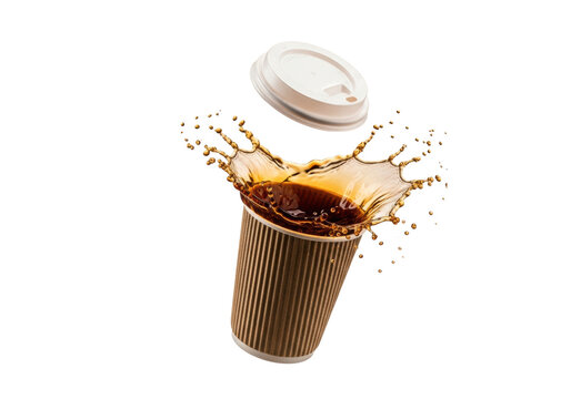 Corrugated natural fiber cup holding dark amber cold brew tea splashing dramatically mid-fall, thousands of crystallized droplets frozen by stroboscopic flash, high-key studio shot. Concept for