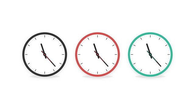 Set of three colorful minimal wall clock icons in black red and green on white background