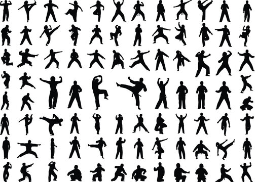 Silhouettes of people in martial arts poses with kung fu silhouette fighting kickboxing taekwondo movement discipline strength gymnastics collection training practice competition