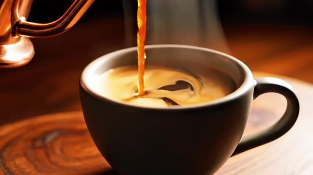 Close-up of hot coffee pouring into a cup, creating a swirling pattern on a wooden surface