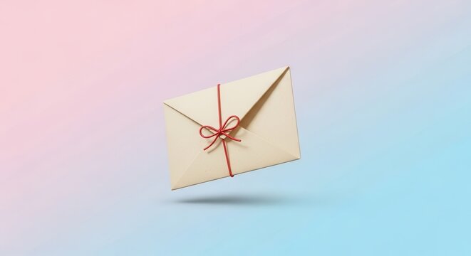 Elegant beige envelope with a charming red bow floating on a pastel gradient background suggesting