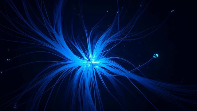 Glowing blue abstract filament bloom bioluminescent center flowing tendril light dark background ethereal particles fiber optic strands radiating from center luminous filaments fanning outward