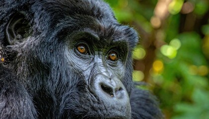 Obraz premium Close-up of a gorilla's face, showing its expressive eyes and dark fur in natural habitat