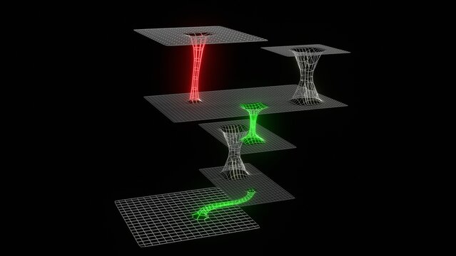 Wormhole network connecting lower, higher dimensions.  Wireframe planes linked with tunnels. 
Bridges between universes, planes of existence.  
Portals link multidimensional branes. 3d render.