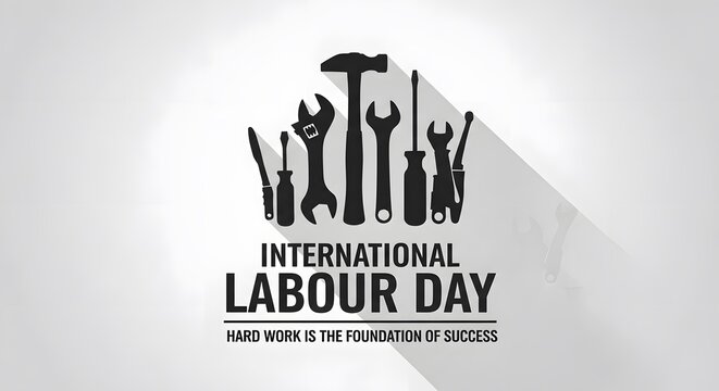 International Labour Day poster with wrench tools and motivational quote on hard work success