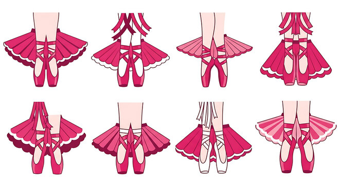 Set of pixel art ballet dancer outfits, ballet shoes and tutus in shades of pink and white, isolated on a dark background, vector illustration