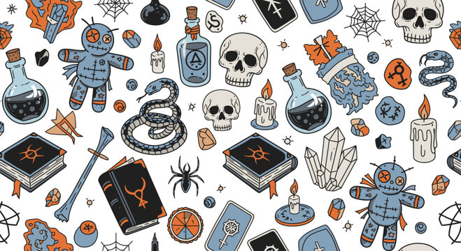 Witchcraft and Occult Symbols Seamless Pattern Vector Illustration Featuring Skulls Voodoo Dolls and Magic Potions for Mystical Esoteric Design Projects
