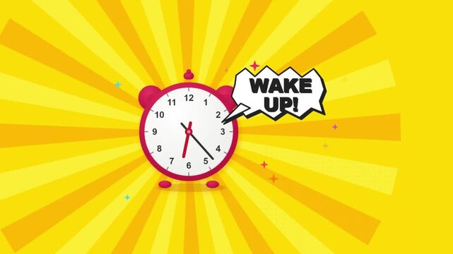 Cartoon pink alarm clock with wake up speech bubble on yellow sunburst comic background