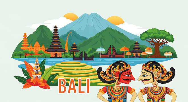 Tropical Indonesian travel banner with volcanic mountain and sea