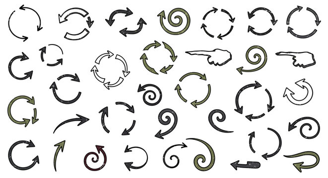Collection of hand drawn circular arrows and vintage motion symbols