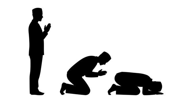 Silhouette of Muslim men in different Islamic prayer positions isolated on white background