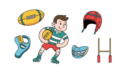 Young rugby player with ball and various rugby equipment.