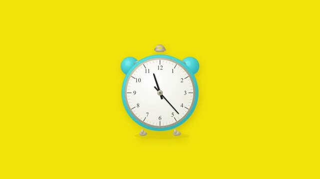 Cute teal retro alarm clock flat icon animation on vibrant yellow minimal background
