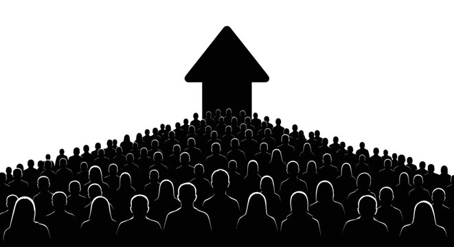 A crowd of people forms an upward arrow shape.