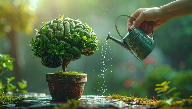 Nurturing a Brain-Shaped Tree - Symbolizing Growth of Knowledge and Ideas.