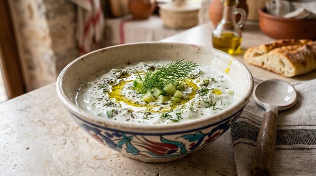 Traditional Turkish Cacik Yogurt Dip with Cucumber and Dill