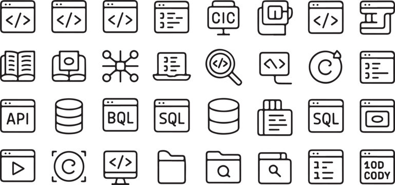 Technology and programming development icon set for web coding database management software engineering and digital api services.