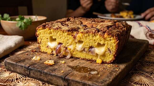 Traditional Sopa Paraguaya Cornbread with Onions and Melted Cheese