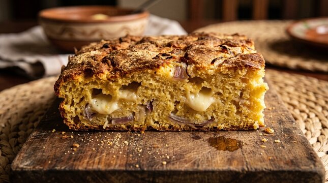 Traditional Sopa Paraguaya Cornbread with Onions and Melted Cheese