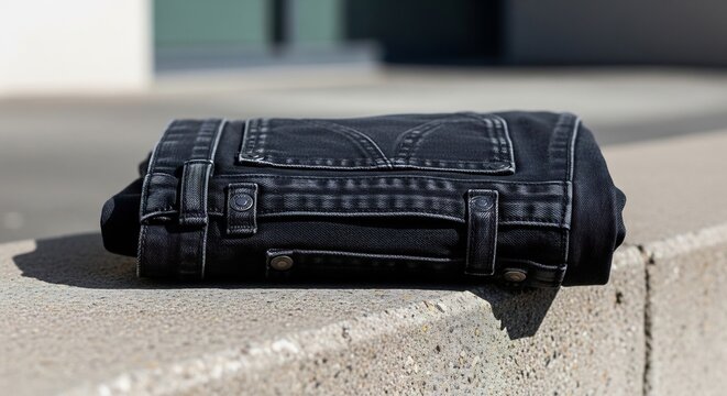 Folded Black Denim Jeans Resting on a Concrete Ledge Outdoors.