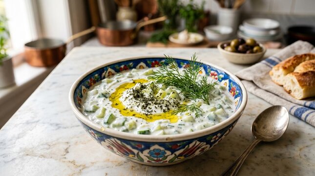 Traditional Turkish Cacik Yogurt Dip with Cucumber and Dill