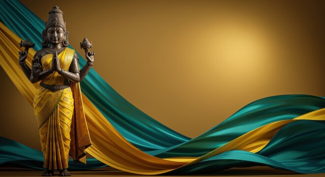 Stone statue of a four-armed Hindu goddess adorned in a yellow sari with flowing fabric deity