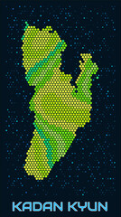 Fototapeta premium Kadan Kyun hexagon dots map. Myanmar. Digital style shape of the island. Kadan Kyun map and title. Tiny green colored hexagons, sparse blue dots at background. Vector Illustration.