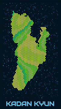 Kadan Kyun hexagon dots map. Myanmar. Digital style shape of the island. Kadan Kyun map and title. Tiny green colored hexagons, sparse blue dots at background. Vector Illustration.