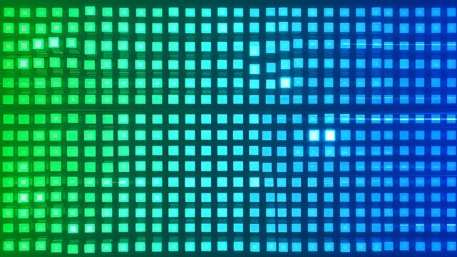 Abstract square grid pattern background with blue and green gradient light, glowing digital texture, pixel blocks, neon lines, dark screen copy space