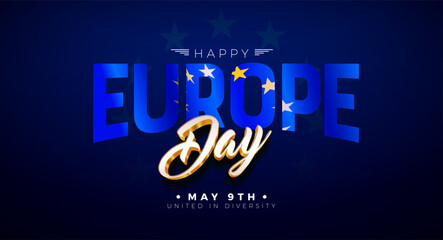 A vibrant typography design celebrating Europe Day on May 9th with a dark blue background and gold accents © Oli