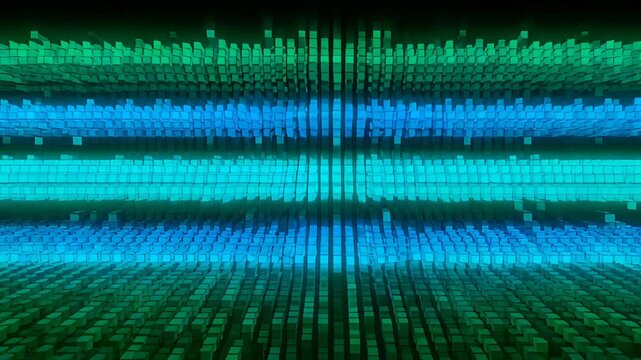 Abstract digital pattern with green and blue cube wall, glowing grid texture, futuristic background, square blocks, horizontal lines, 3d data texture, geometric block design