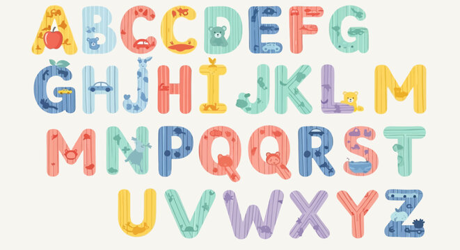 Colorful alphabet letters with cute animals and objects for kids education