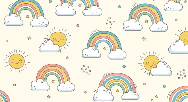 Colorful cartoon rainbows and smiling suns with clouds and stars on cream background