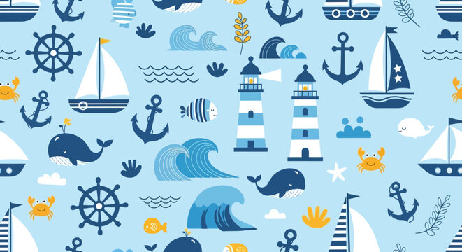 Nautical seamless pattern with various marine elements on light blue background