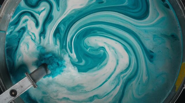 Industrial machine mixing blue pigment into white liquid base creating artistic fluid marble swirl patterns