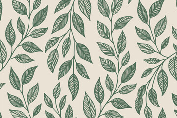 Fototapeta premium Seamless pattern with hand drawn green branches and leaves on beige background for wallpaper textile print wrap scrapbooking paper.