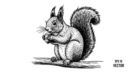 Squirrel with Nut on Branch Engraving Vector Illustration for T-Shirt Design © BadhanChandra