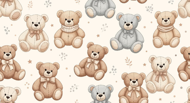 Cute teddy bear seamless pattern with bows and stars on beige background for kids wallpaper or fabric design