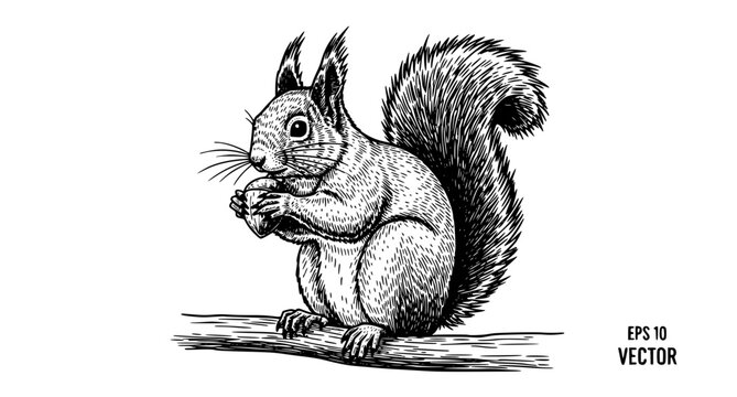 Squirrel with Nut on Branch Engraving Vector Illustration for T-Shirt Design