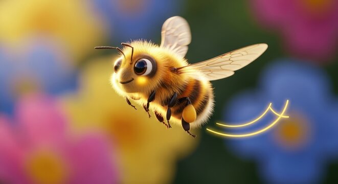 Cute cartoon bee flying in a garden with colorful flowers, 3d render
