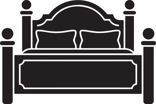 Black silhouette of a four-poster bed with pillows and headboard vector illustration.