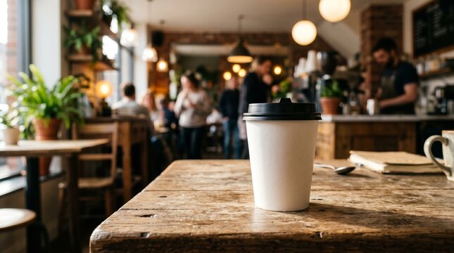 Coffee cup on wooden table in cozy cafe interior with people