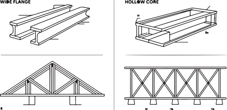 Structural engineering steel beam and bridge truss silhouettes for construction engineering and architectural project plans.