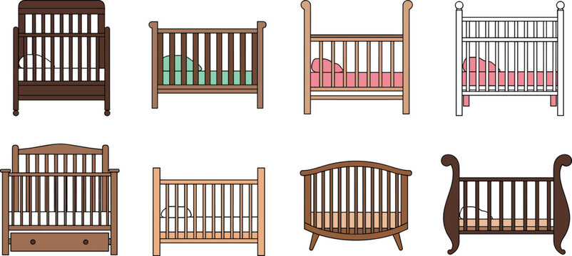 Baby cribs collection with wooden nursery beds and infant furniture designs isolated on light background vector illustration set