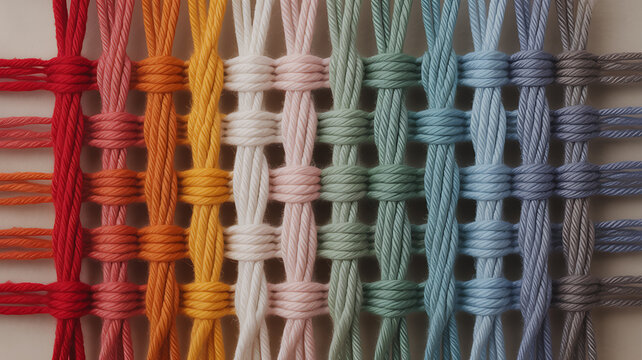 Colorful woven yarn threads symbolizing ecological sustainability and green energy