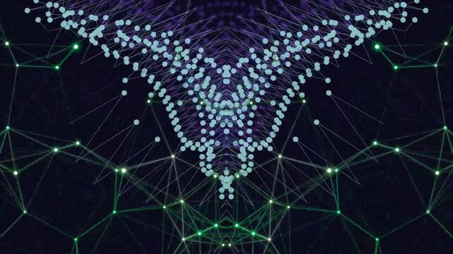 Abstract digital network of glowing nodes and connected lines forming a symmetrical geometric shape on a dark background for technology and data conce