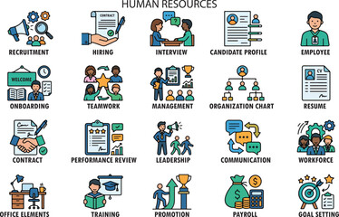 Fototapeta premium Cartoon Human Resources Icon Set, Illustration Doodle Cartoon Collection