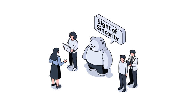 Isometric illustration of a bear mascot with people around it, sincerity concept.