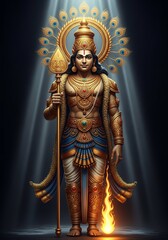Obraz premium Indian God Murugan Standing with Spear, Ornate Golden Costume and Peacock Halo, Dramatic Lighting
